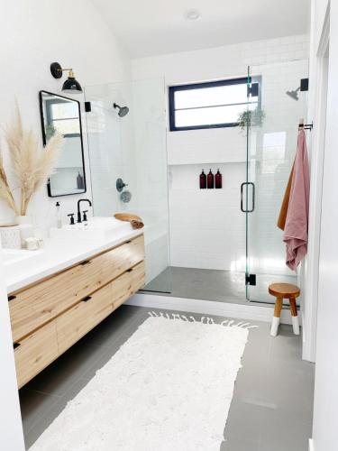 a bathroom with a sink and a shower at Black Barn Ranch 25 Acres Wpool Near Downtown in San Luis Obispo