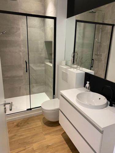 une salle de bain avec toilettes, lavabo et douche dans l'établissement The Number One Macon City Center, à Mâcon