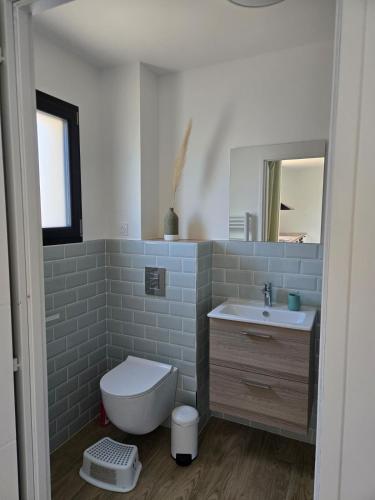 une salle de bain avec toilettes, lavabo et miroir dans l'établissement Ti case, à Gonneville-en-Auge