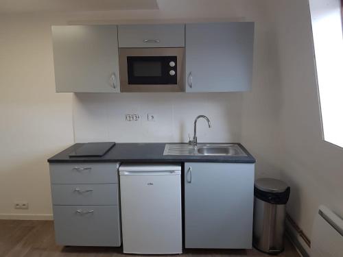 une petite cuisine avec un évier et un micro-ondes dans l'établissement 2D app à neuf Tout équipé, à Tourcoing