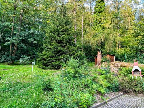 a garden with a house in the middle of a field at Ferienapartment "An der Forellenschänke" in Sebnitz