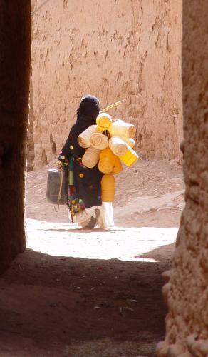 a person walking down a street with a pile of stuffed animals at Le Drom'blanc in Mhamid