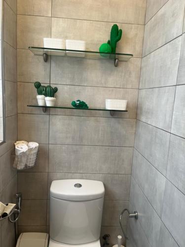 a bathroom with a toilet and shelves on the wall at Cozy, modern and welcoming in Il-Ħamra