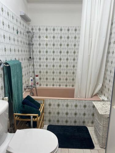 une salle de bain avec une baignoire, des toilettes et une douche dans l'établissement Le Mourillon, à Toulon