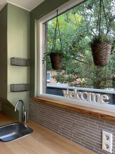 a kitchen window with two baskets on a window sill at Kloetinge Vakantie in Kloetinge