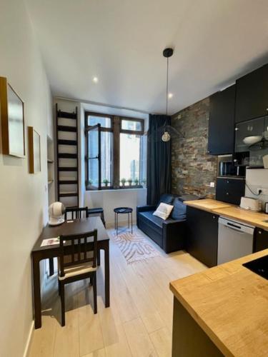 une cuisine et un salon avec une table et un canapé dans l'établissement Le Rousseau - Beautiful studio in Old Town, à Annecy