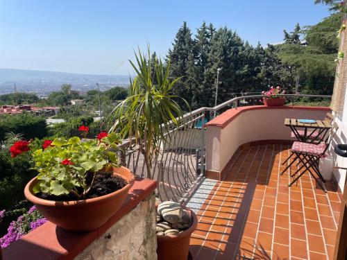 a balcony with two potted plants and a table at Da Ste in Ercolano