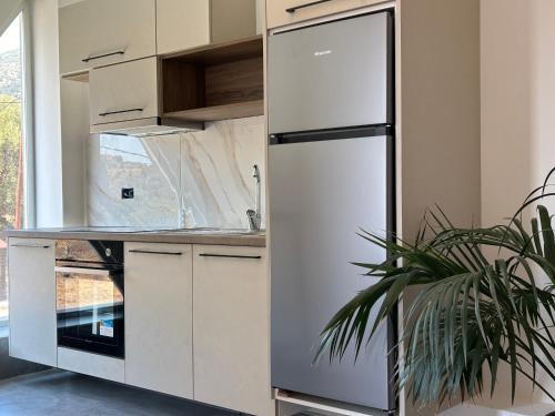 a white refrigerator in a kitchen with a plant at X luxury suites in Argostoli