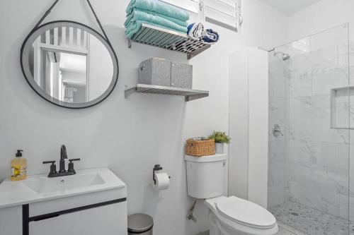 a bathroom with a toilet and a sink and a mirror at Cozy Retreat in San Juan in San Juan