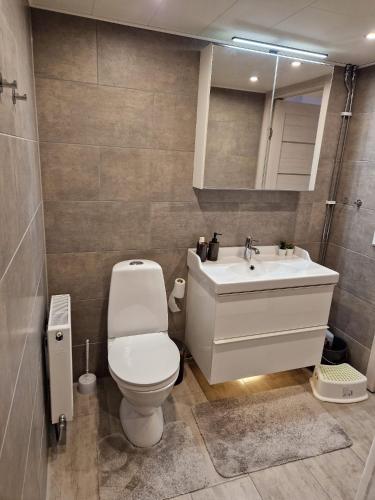 a bathroom with a white toilet and a sink at Modernt gästhus på 90 m2 för upp till 8 personer in Västervik