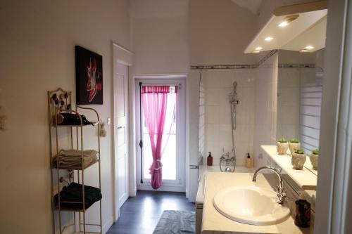a bathroom with a sink and a pink shower curtain at Chambres d'hôtes chez Sylvie in Donnemain-Saint-Mamès