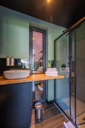 a bathroom with a sink and a shower at deichkind country loft in Achim