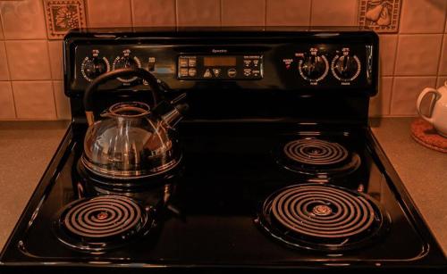 a black stove top with a tea pot on it at Wanderlust Suite in Brighton