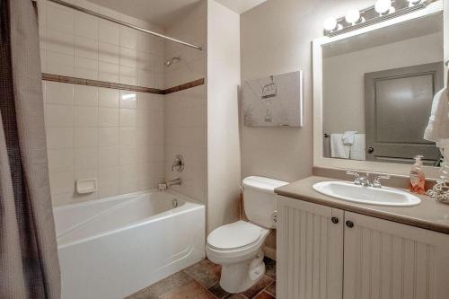 a bathroom with a toilet and a tub and a sink at Poolside Pines Suite in Solitude