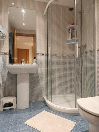 a bathroom with a shower and a sink and a toilet at Apartamento Montecanal 5 in Jaca