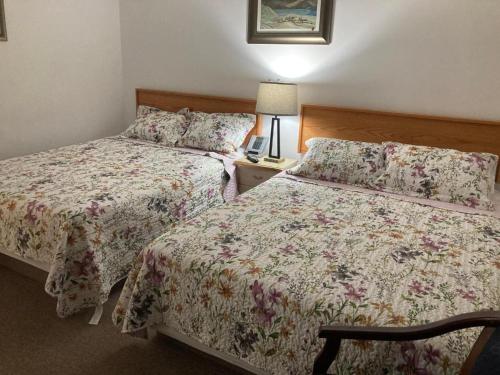 a bedroom with two beds and a lamp on a table at Motel 99 in Grand Forks