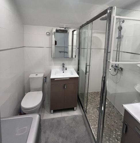 une salle de bain avec toilettes, lavabo et douche dans l'établissement L'appart B42, à Gruissan