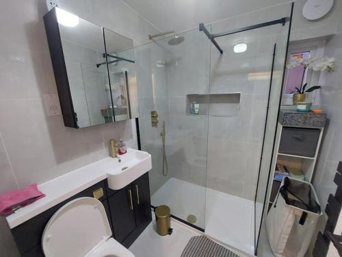 ein Badezimmer mit Toilette und Glasdusche in der Unterkunft Luxurious 3 Bedroom House in Kent