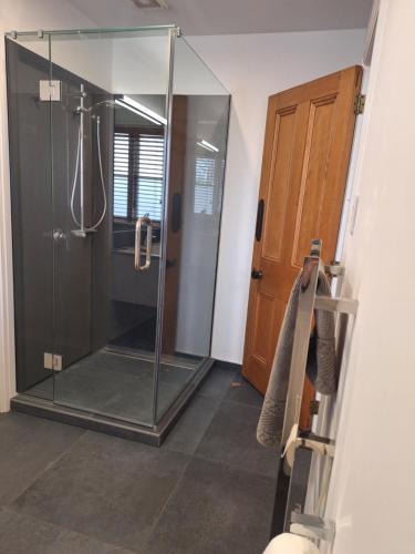 une douche avec une porte vitrée dans une salle de bain dans l'établissement Hansen Park Guest Cottage, à Christchurch