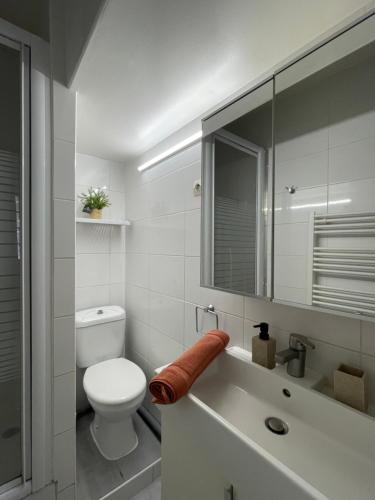 une salle de bain blanche avec des toilettes et un lavabo dans l'établissement La Maquette - à 2 pas des Arènes, à Nîmes