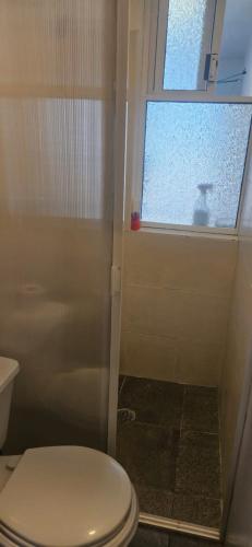 a bathroom with a toilet and a window at Depto Accesible en Huachi Centro con Parking in Huauchinango