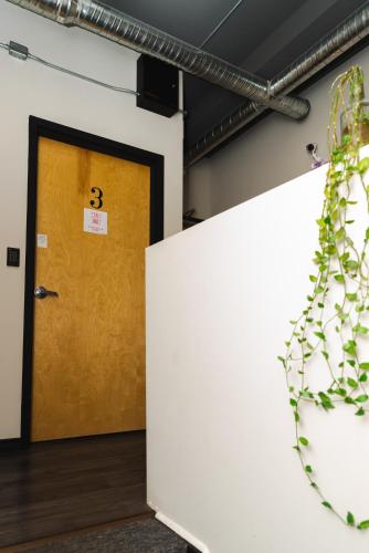 a door in a room with a plant next to it at The Haven Hostel in Thunder Bay