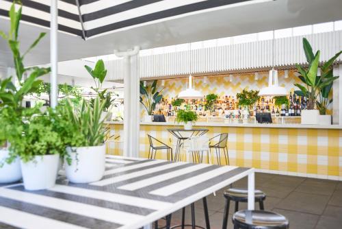 a restaurant with tables and chairs and plants at Cottesloe Beach Hotel in Perth