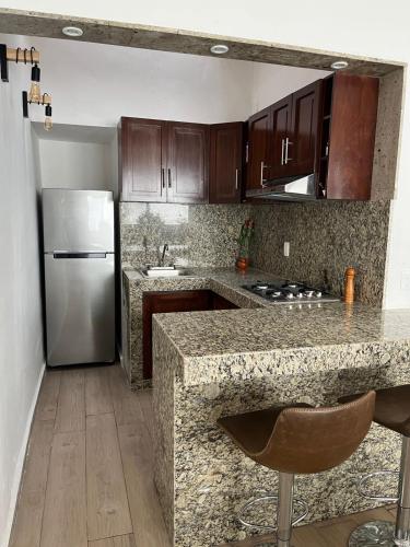 a kitchen with a refrigerator and a counter top at Am Cinco Condesa in Mexico City