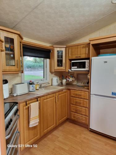 a kitchen with wooden cabinets and a white refrigerator at The Duck - Free Fishing, pets welcome - static caravan in Clare, Suffolk in Sudbury