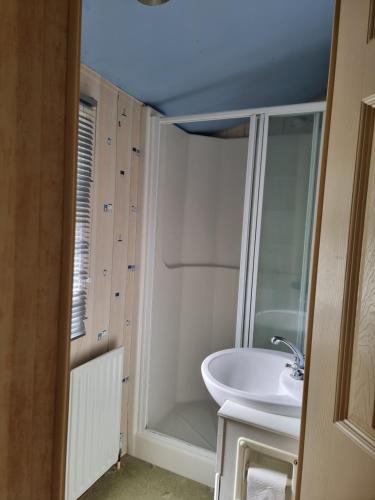 a bathroom with a white sink and a shower at The Duck - Free Fishing, pets welcome - static caravan in Clare, Suffolk in Sudbury