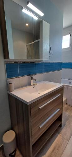 une salle de bain avec un lavabo et un miroir dans l'établissement Ideal famille, à Annecy