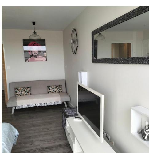 un salon avec une télévision et un canapé dans l'établissement Studio Héliopolis vue mer village naturiste, au Cap d'Agde