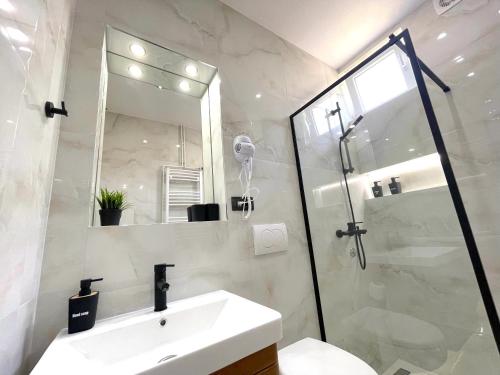 a bathroom with a sink and a shower with a mirror at LAGUNA Apartments in Vranje