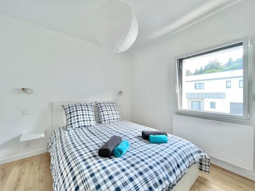 une chambre avec un lit avec des oreillers bleus et une fenêtre dans l'établissement LA VILLA CAP COZ - 3 Chambres - Plage à 800 m, à Fouesnant