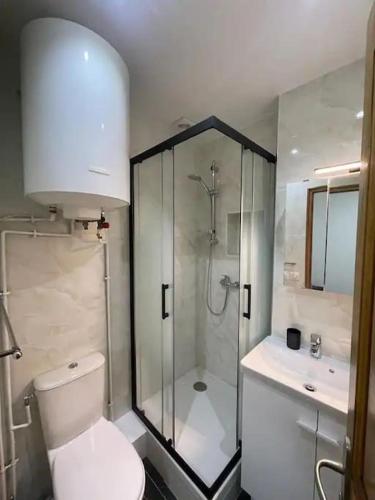 une salle de bain avec une douche, des toilettes et un lavabo dans l'établissement Paris 2024 Olympics 3-4 persons, à Paris