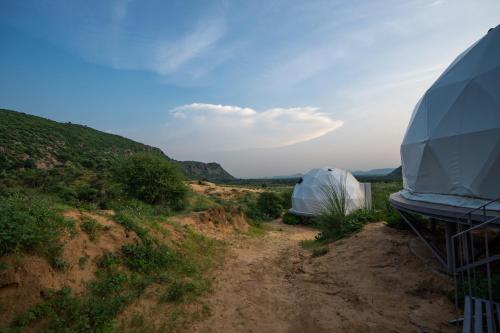 two tents on a dirt road in a field at Teela- The Glamping Resort, Jaipur in Udāsar