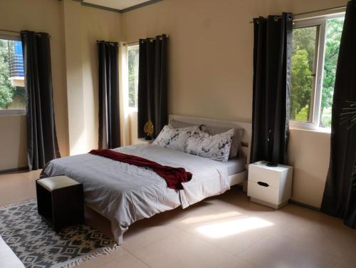 a bedroom with a bed and two windows at TLT Guesthouses - Dauin in Dauin