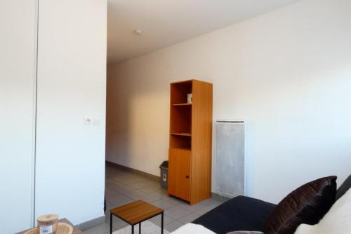 un salon avec un canapé et une étagère dans l'établissement Comfortable studio of 18 m2 in Montpellier, à Montpellier