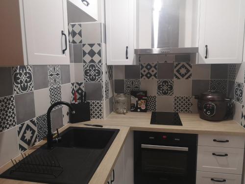 une cuisine avec un évier et une cuisinière four supérieur dans l'établissement Appartement Perpignan proche plage et ville, à Perpignan