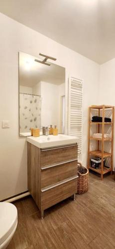 une salle de bain avec un lavabo, des toilettes et un miroir dans l'établissement Appartement haut standing Paris La Defense Arena, à Nanterre