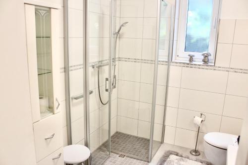 a shower with a glass door in a bathroom at Ferienwohnung Pipergast mit Terrasse in Oerlinghausen