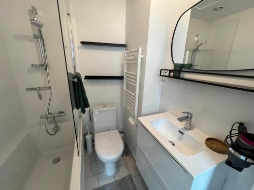 une salle de bain avec toilettes, lavabo et miroir dans l'établissement Duplex Cosy / Terrasse / Cour Intérieure, à Rennes