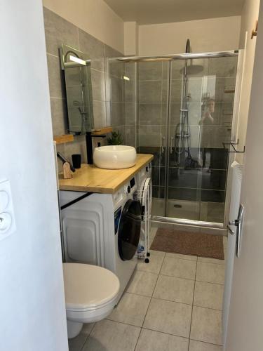 une salle de bain avec une douche, des toilettes et un lavabo dans l'établissement T2 climatisé face à la cure, à Balaruc-les-Bains