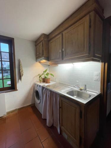 une cuisine avec un évier et une machine à laver dans l'établissement Grande Maison en bord de Seine, à Muids