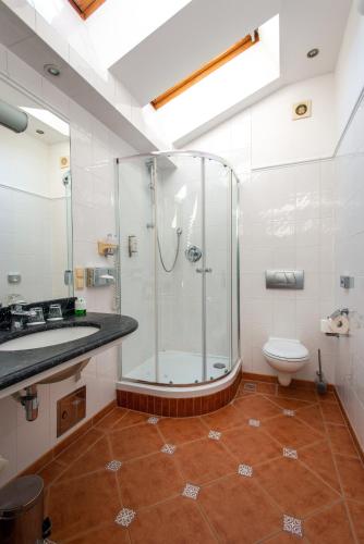 a bathroom with a shower and a toilet and a sink at Dom Pugetów in Kraków