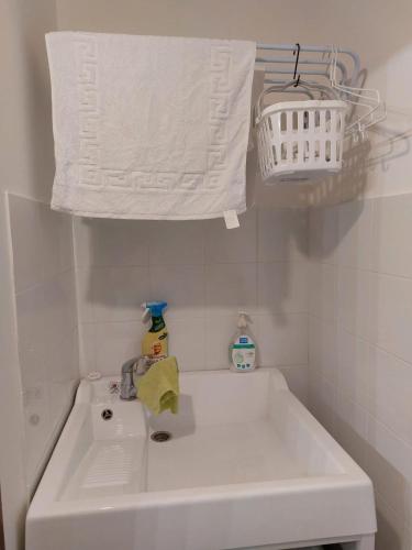 a white sink in a bathroom with a basket at Dimoranna Casa Vacanza con Parcheggio Privato in Pizzo