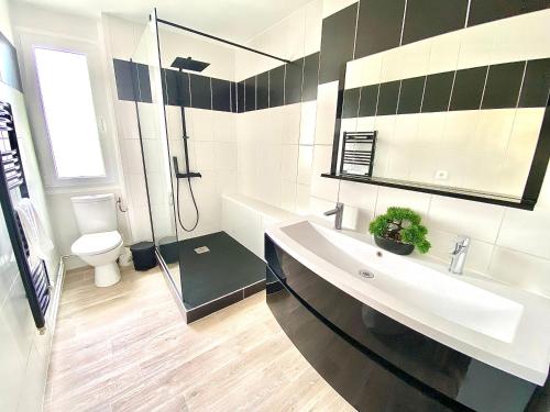 une salle de bain avec un lavabo, une douche et des toilettes dans l'établissement L'Artiste T3 lumineux et spacieux, à Limoges