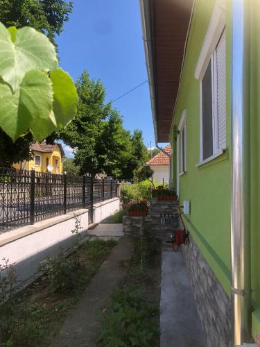 a green building and a sidewalk next to a building at Casa Verde in Vaţa de Jos