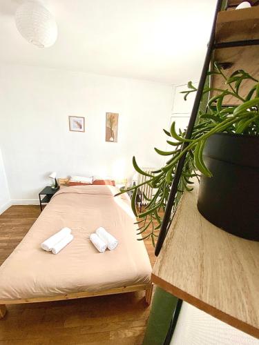 une chambre avec un lit et une plante en pot dans l'établissement Le Chinchauvaud, spacieux avec balcon, à Limoges