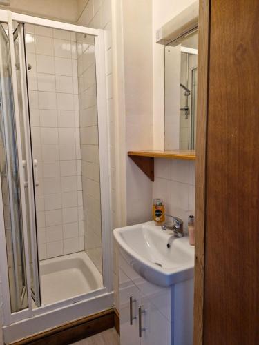 a white bathroom with a sink and a shower at Bright Studio Apartment in a perfect location in London